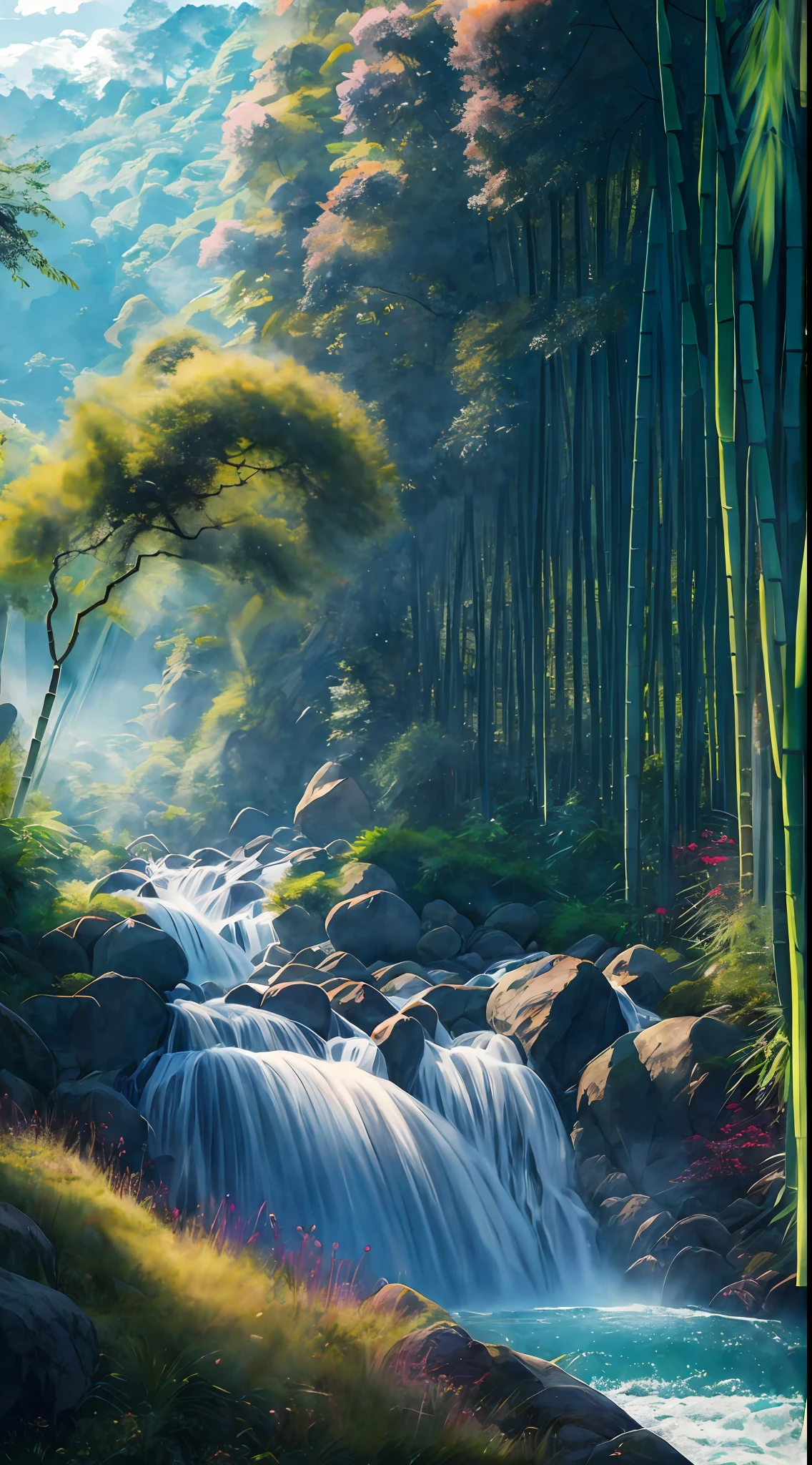 Blue sky and white clouds, (bamboo forest), mountains and rivers, lakes, waterfalls. The tender bamboo rushes green, the shade covers the sun, the waterfall flies and the spring surges,best quality, ultra-detailed, best shadow,8k,official art