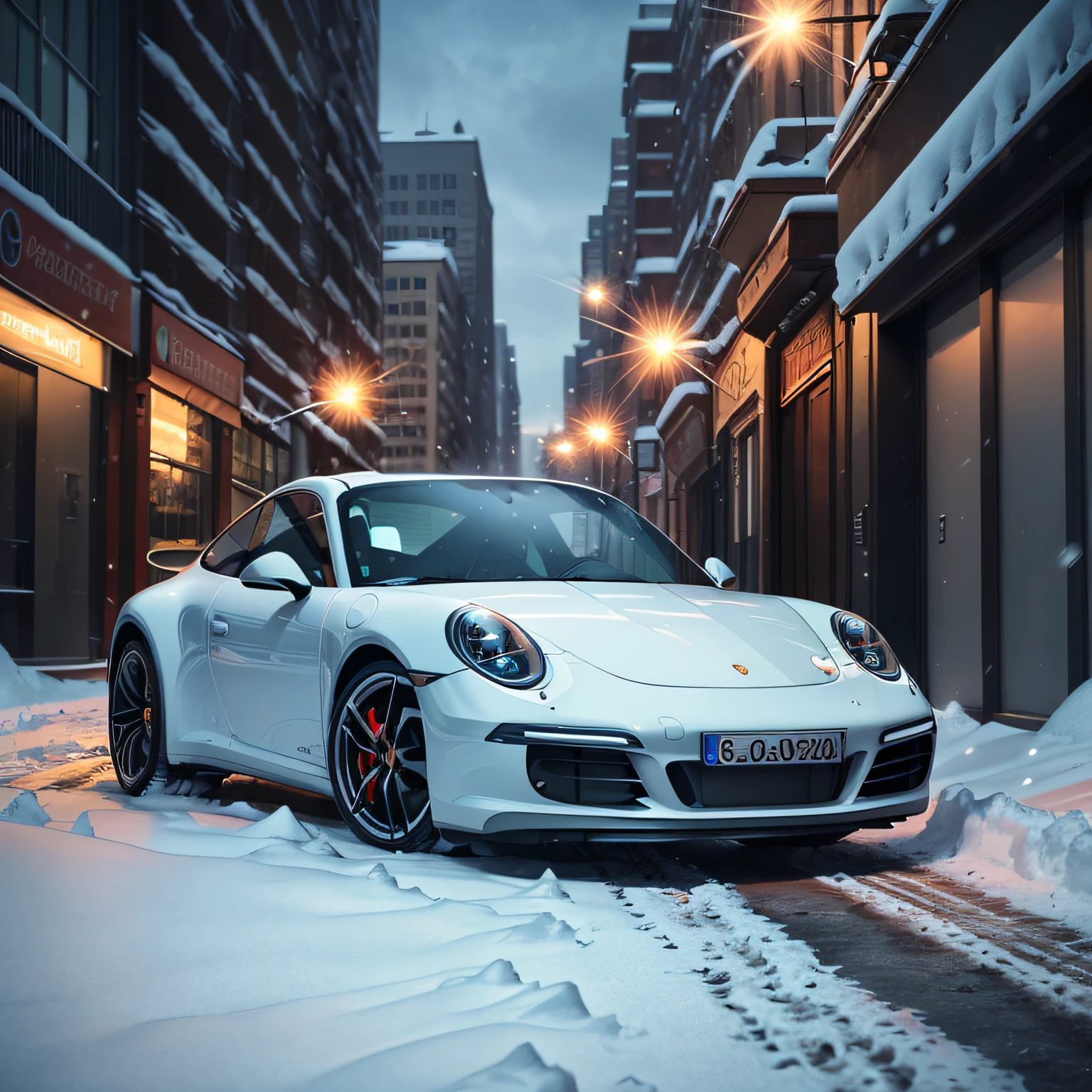 A Porsche 911, in the middle of the city, in snow, Detailed features, flare, A high resolution, sharp and realistic details.From the outside, Eye level shots, f/2.2, 35mm, Fuji Film, jpeg artifacts, dither, hyper HD, tmasterpiece, vfx