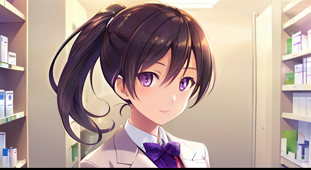 1girl, solo, portrait, sakaki, short ponytail hair, purple eyes, (formal outfit), (pharmacist coat), looking at viewer, indoors, pharmacy, lighting