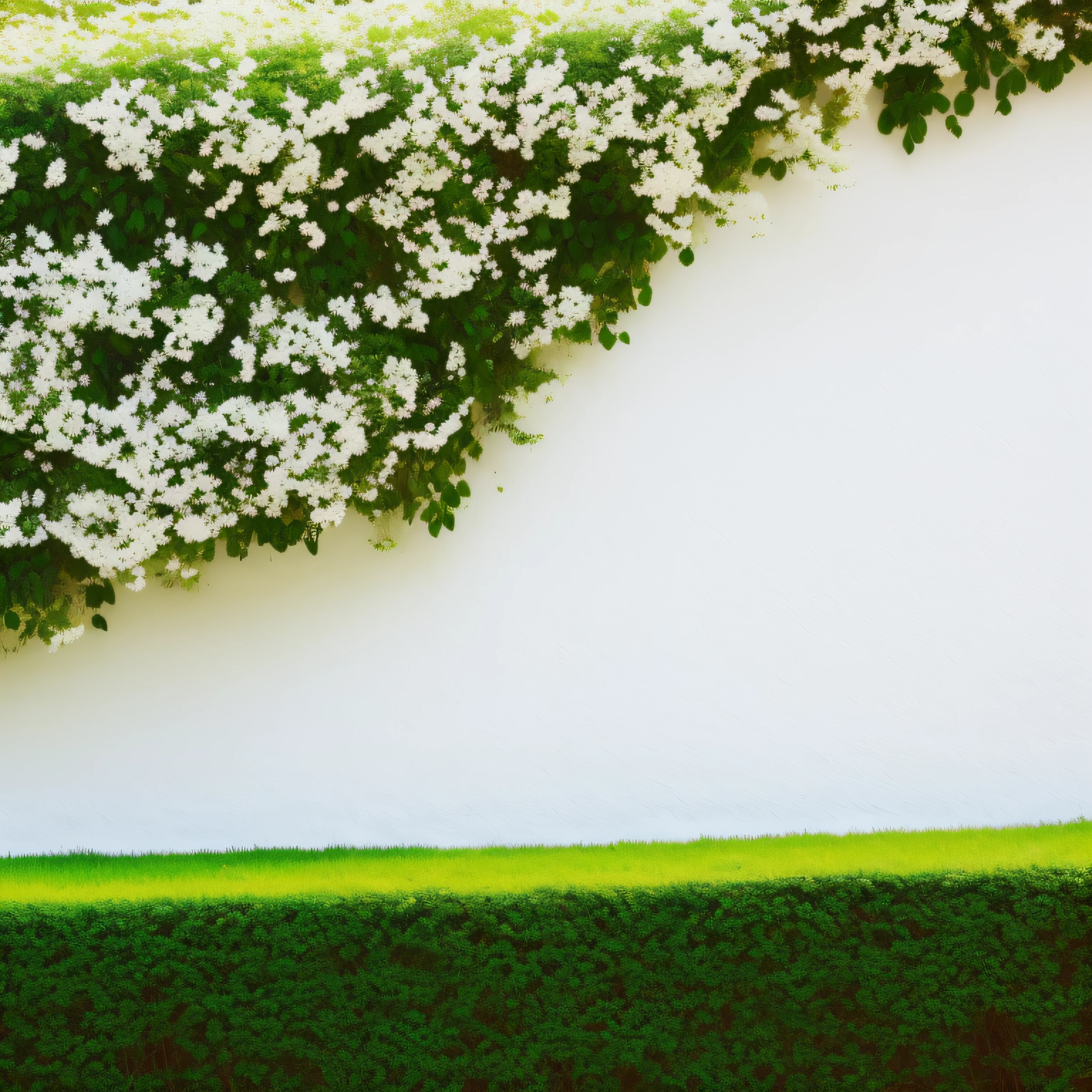 The walls are covered with white flowers，frontage，From the bottom left corner to the top right corner