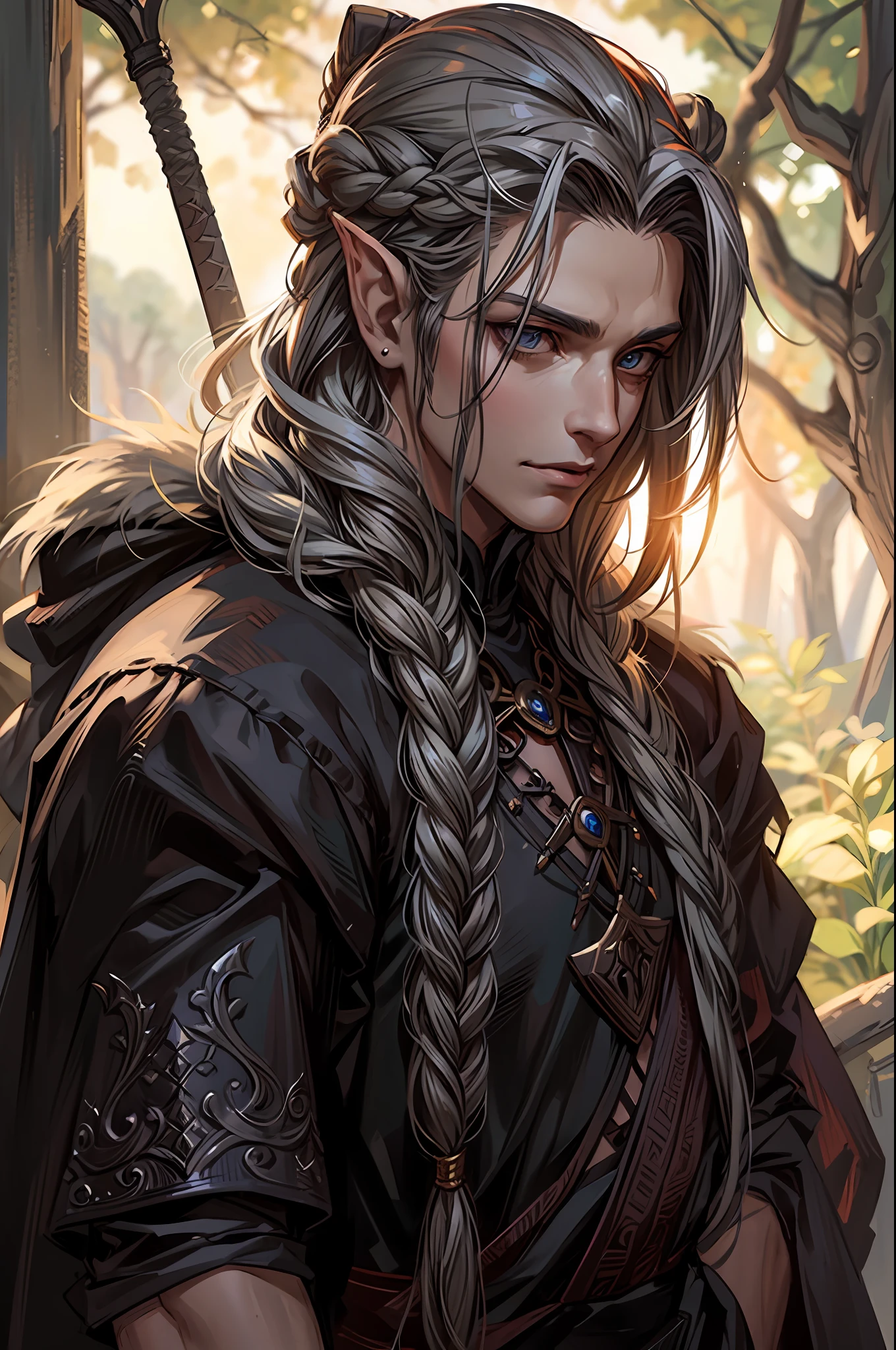 a man with long hair and braids holding a sword in a forest, a portrait of a male elf, beautiful male elf, a male elf, elven male, of an elden ring elf, elven character with smirk, handsome guy in demon slayer art, fantasy male portrait, by Yang J, elf long weaving brown hair, stunning character art