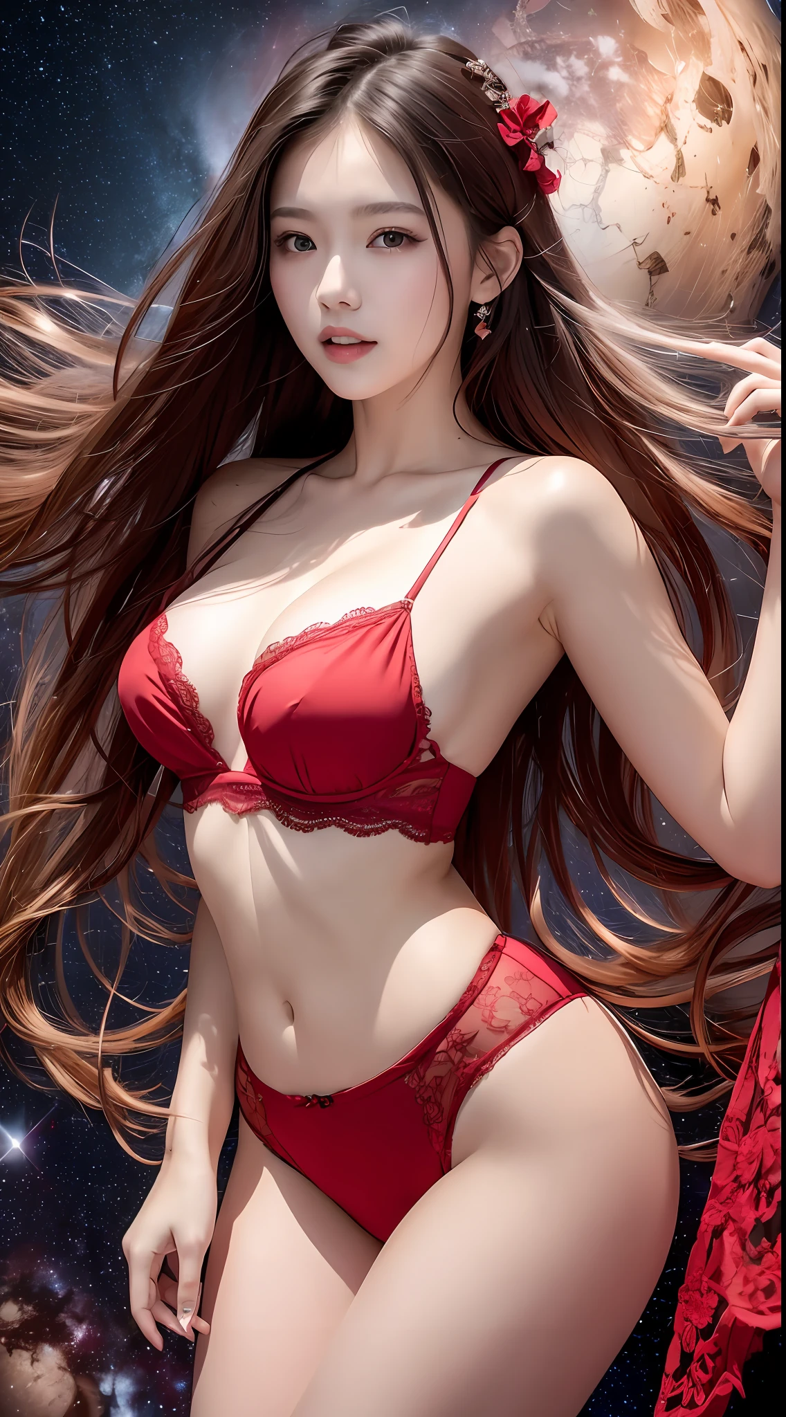 Delicate facial features，a pretty girl，The top is red bandeau lace，Below are red lace panties，Antique dress，Hand on strings，Long hair draped over the shoulders，Floating in space，