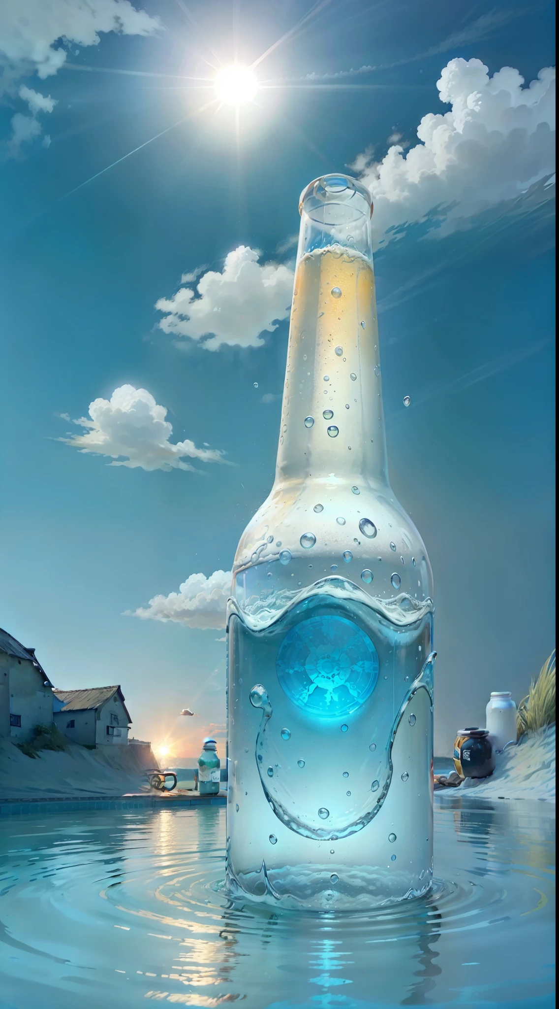 Prospect beer bottle，The bottle is half-immersed in water，Huge circular open air pool background，poolparty，The color is bright，Blue sky，A few white clouds，夏天，the Sun Shining