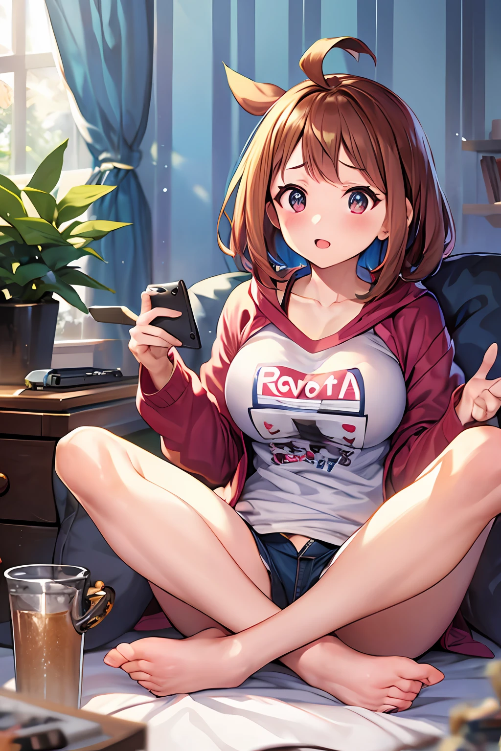 ochako uraraka in loose long clothes sitting on a pillow playing video games