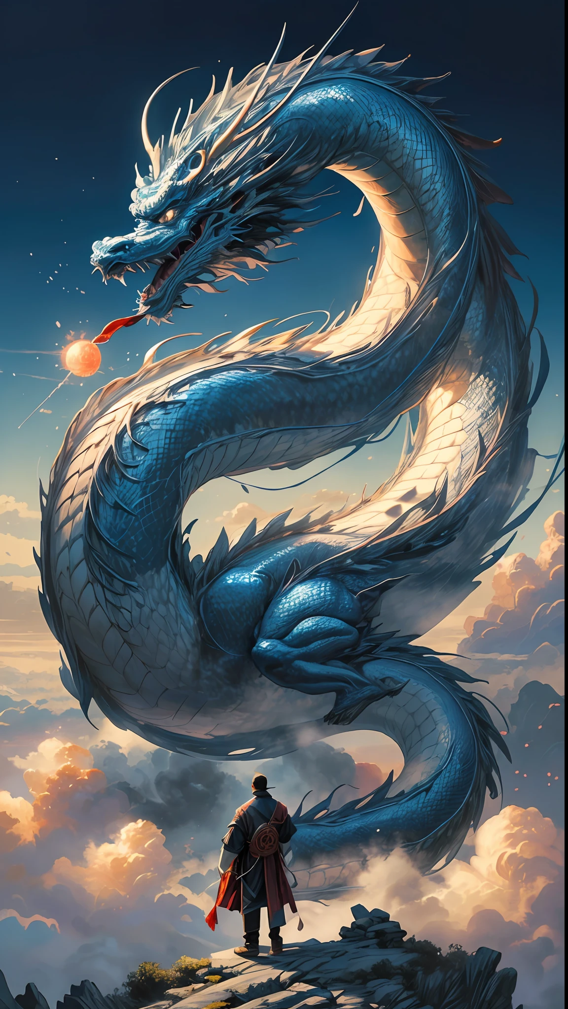 (foto RAW, melhor qualidade), (realista, foto-realista: 1.3), extremamente delicado e belo, Awesome, finamente detalhe, obra-prima, ultra-detalhado, highres, (best illustration), (melhor sombra), intrincado, A Chinese monk stands atop a mountain peak shrouded in mist, longos cabelos negros, (usando longas vestes brancas), com detalhes azuis e vermelhas, his right hand raised diagonally, empunhando uma espada longa, from the back, in front of a Chinese loong, gigantic blue chinese dragon, (loong: 1.4), nuvens, tempestade, montanhas, sun sunset, foco nítido, Volumetric mist, 8k UHD, DSLR, alta qualidade, (grain of film: 1.4), Fujifilm XT3,