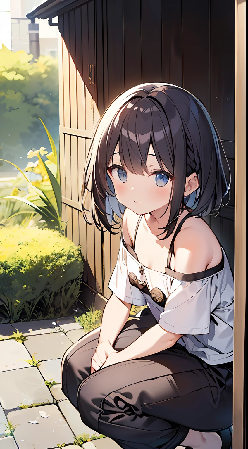 (top-quality、32K image quality、masterpiece、nffsw:1.2)、a cute 、Medium short hair、short braiding、beauitful face、(Slouched:1.3)、at the sunset、crouching down、(From above:1.3)、(a closeup:1.4)、small curvy loliou can see the chest))、Bust Up Perspective、Loose baggy big shirt、(beautiful nipple slips:0.9)、outside of house、the wind、shinny skin、blurry backround