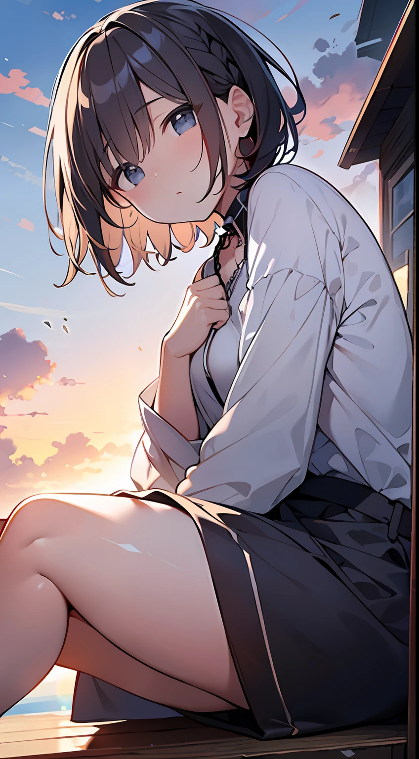 (top-quality、32K image quality、​masterpiece、nffsw:1.2)、a cute loli、Medium short hair、short braiding、beauitful face、(Slouched:1.3)、at the sunset、crouching down、(From  above:1.3)、(a closeup:1.4)、small curvy loli、((You can see the chest))、Bust Up Perspective、Loose baggy big shirt、(beautiful nipple slips:0.9)、outside of house、the wind、shinny skin、blurry backround