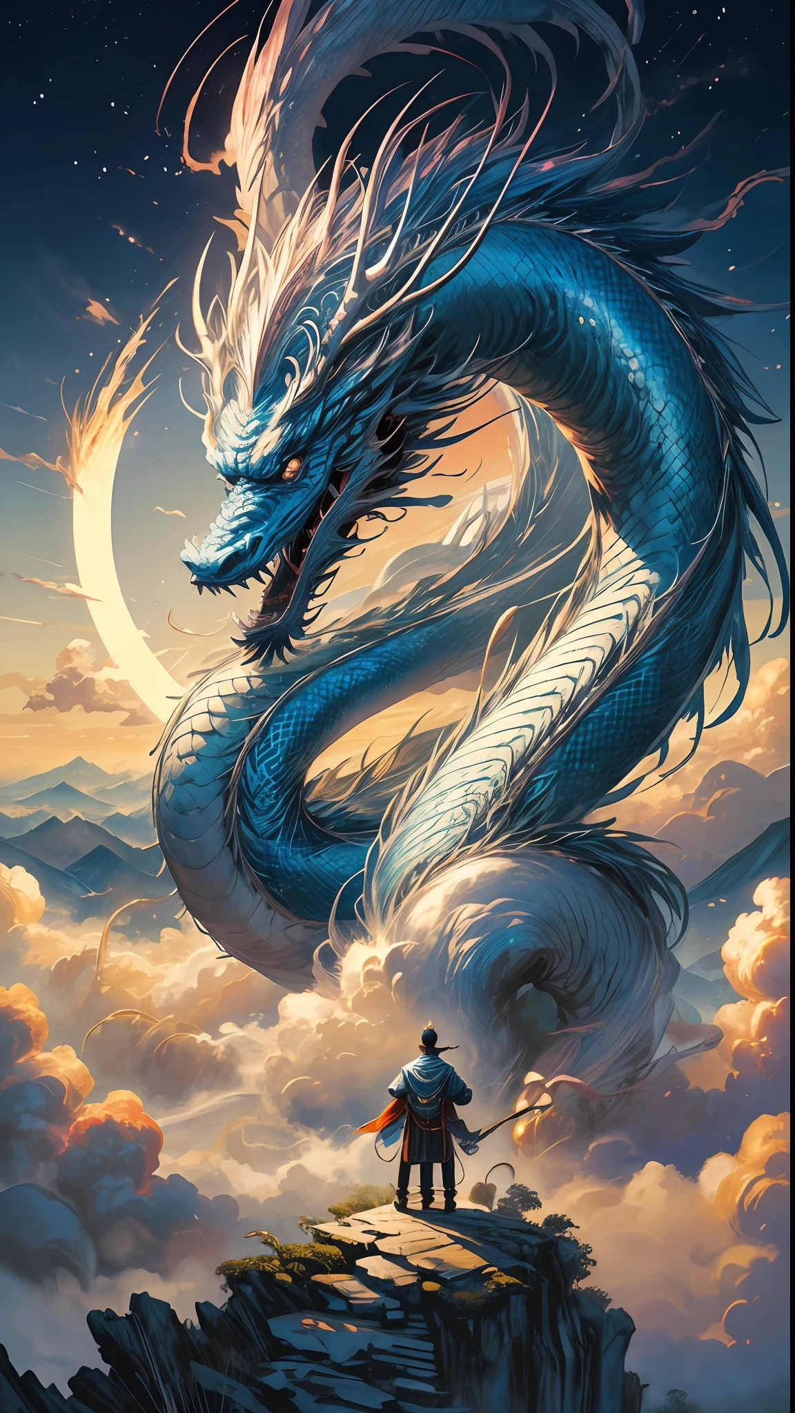 (foto RAW, melhor qualidade), (realista, foto-realista: 1.3), extremamente delicado e belo, Awesome, finamente detalhe, obra-prima, ultra-detalhado, highres, (best illustration), (melhor sombra), intrincado, A Chinese monk stands atop a mountain peak shrouded in mist, longos cabelos negros, (usando longas vestes brancas), com detalhes azuis e vermelhas, his right hand raised diagonally, empunhando uma espada longa, from the back, in front of a Chinese loong, gigantic blue chinese dragon, (loong: 1.4), nuvens, tempestade, montanhas, sun sunset, foco nítido, Volumetric mist, 8k UHD, DSLR, alta qualidade, (grain of film: 1.4), Fujifilm XT3,