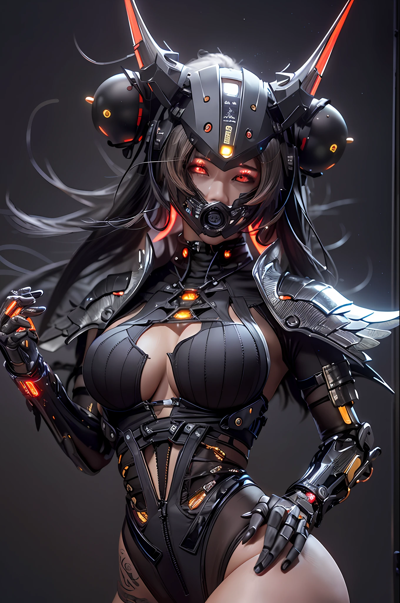 top-quality、masterpiece、超A high resolution、(Photorealsitic:1.4)、Raw photo、1人、Black hair、glowy skin、1 Machine Devil、large metal wings、Metal horn、((super realistic details))、portlate、globalillumination、Shadow、octan render、8K、ultrasharp、Colossal tits、Raw skin is exposed in cleavage、Black fiberglass body、Details of intricate gilded ornaments、Sumerian details、About Cyberpunk、Glowing LEDs、IC chips、Data Links、Hydraulic cylinder、highly intricate detail、Realistic light、Red Eyes、radiant eyes、Facing the camera、neon details、Mechanical limbs、blood vessels connected to tubes、Mechanical vertebrae attached to the back、mechanical cervical attaching to neck、cowboy shot、Wires and cables connecting to the head、Luminous tube、Small LED lamp、