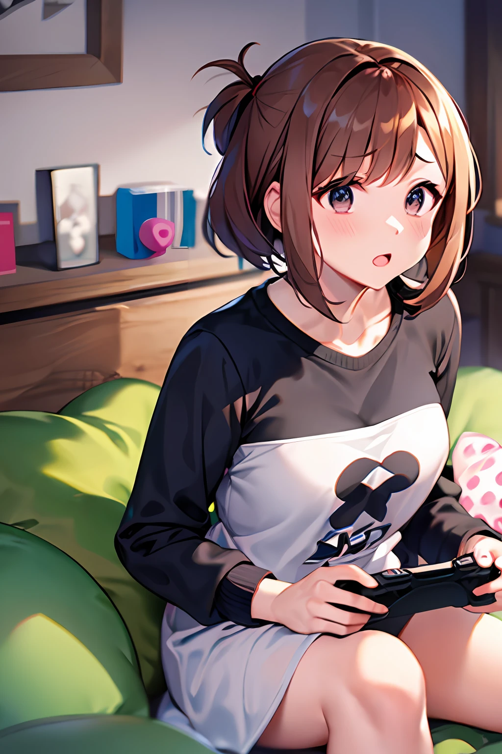 ochako uraraka in loose long clothes sitting on a pillow playing video games