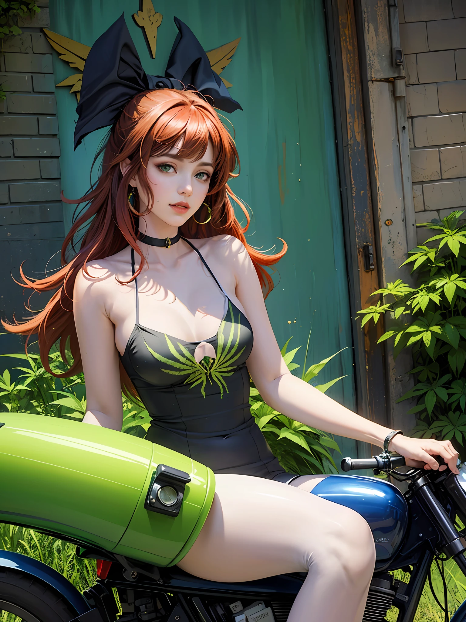 (masterpiece, top quality, best quality, official art, beautiful and aesthetic:1.2), a beautiful woman, red hair, beautiful green eyes, beautiful sexy body, next to a motorcycle, personification of marijuana, princess of cannabis, cannabis, marihuana, marijuana organic painting, marijuana, smoking weed, wearing a marijuana t - shirt, cannabis!, marijuana themed, cannabis paranoia, entheogen, marijuana asymmetrical, pot leaf, marijuana!, weed, ganja, 8 k hd detailed oil painting, at a city street, photorealism,