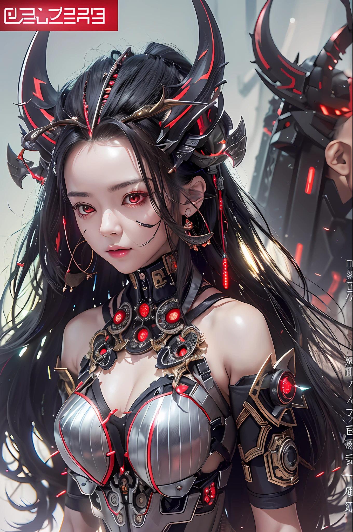 top-quality、masterpiece、超A high resolution、(Photorealsitic:1.4)、Raw photo、女の子1人、Black hair、glowy skin、1 Machine Devil、large metal wings、Metal horn、((super realistic details))、portlate、globalillumination、Shadow、octan render、8K、ultrasharp、Colossal tits、Raw skin is exposed in cleavage、Black fiberglass body、Details of intricate gilded ornaments、Sumerian details、About Cyberpunk、Glowing LEDs、IC chips、Data Links、Hydraulic cylinder、highly intricate detail、Realistic light、Red Eyes、radiant eyes、Facing the camera、neon details、Mechanical limbs、blood vessels connected to tubes、Mechanical vertebrae attached to the back、mechanical cervical attaching to neck、cowboy shot、Wires and cables connecting to the head、Luminous tube、Small LED lamp、