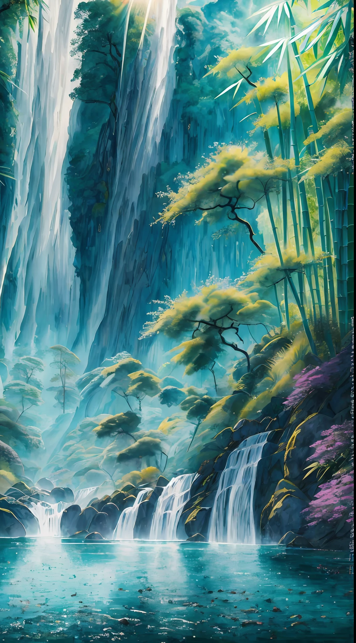 Blue sky and white clouds, (bamboo forest), mountains and rivers, lakes, waterfalls. The tender bamboo rushes green, the shade covers the sun, the waterfall flies and the spring surges,best quality, ultra-detailed, best shadow,8k,official art