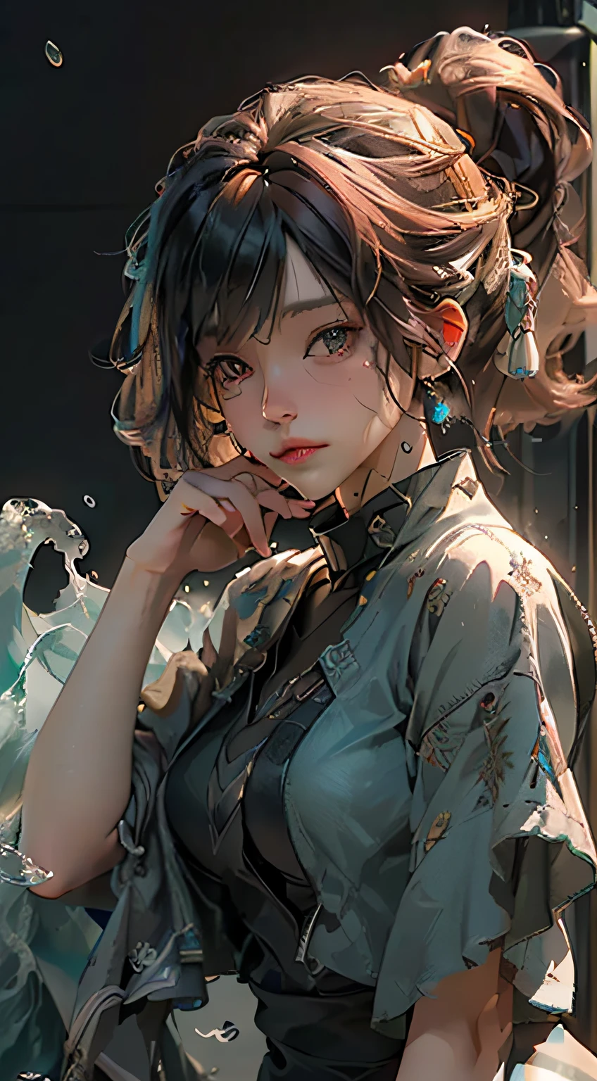((Best quality)), ((masterpiece)), (detailed:1.4), 3D, an image of a beautiful cyberpunk female,HDR (High Dynamic Range),Ray Tracing,NVIDIA RTX,Super-Resolution,Unreal 5,Subsurface scattering,PBR Texturing,Post-processing,Anisotropic Filtering,Depth-of-field,Maximum clarity and sharpness,Multi-layered textures,Albedo and Specular maps,Surface shading,Accurate simulation of light-material interaction,Perfect proportions,Octane Render,Two-tone lighting,Wide aperture,Low ISO,White balance,Rule of thirds,8K RAW,Masterpiece, best quality, (8k very detailed CG unit wallpaper) (best quality), (best illustration), (best shading) a golden sea wave, bright orange aol sunset through the wave, golden water drops flying, (:1. 6),