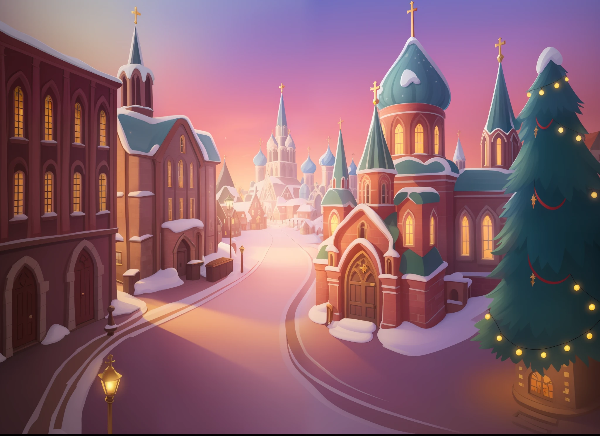 Cartoon Christmas town with church and Christmas tree, town background, town center background, russian city, detailed city background, fantasy city background, cathedral background, Church background!, Church background, Sacred City | illustration, Stylized game art, renaissance port city background, city street view background, Russian Village, Game illustration, medieval city background, arte de fundo, background artwork