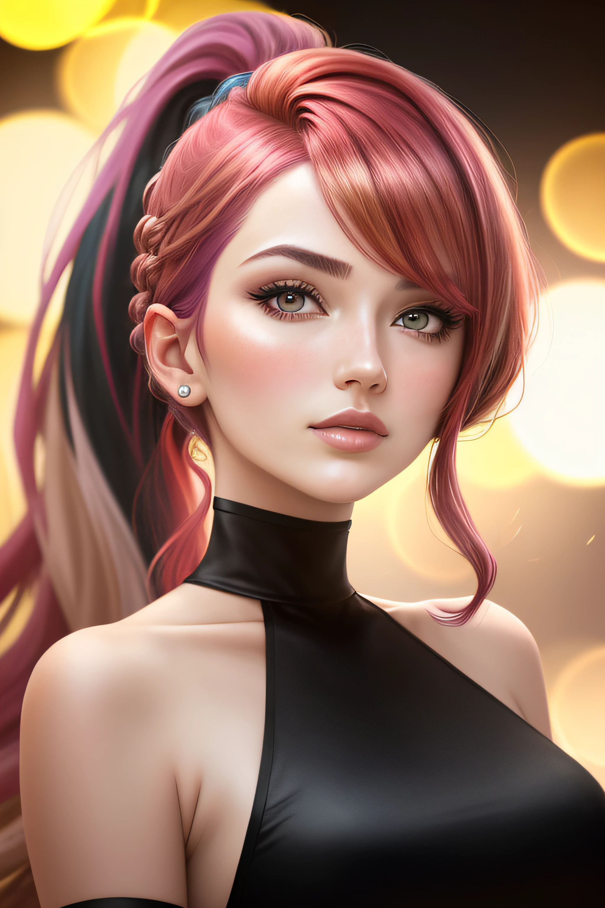 multicolored hair, shiny hair, high ponytail, parted lips, full blush, Cubism, cinematic lighting, depth of field, from below, bokeh, f/1.8, 135mm, masterpiece, textured skin, high quality, 4K