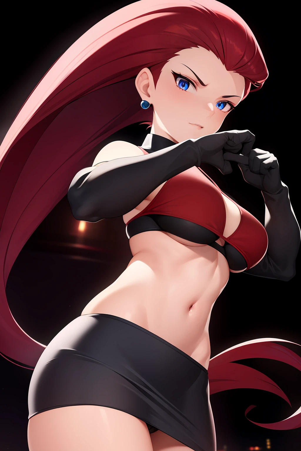 Female, jessie, Smooth long hair, Blue eyes, The bikini, Dynamic Pose, ambient lights, Detailed, short black gloves, Red R on clothes, Standing in the city, Skirt, earrings