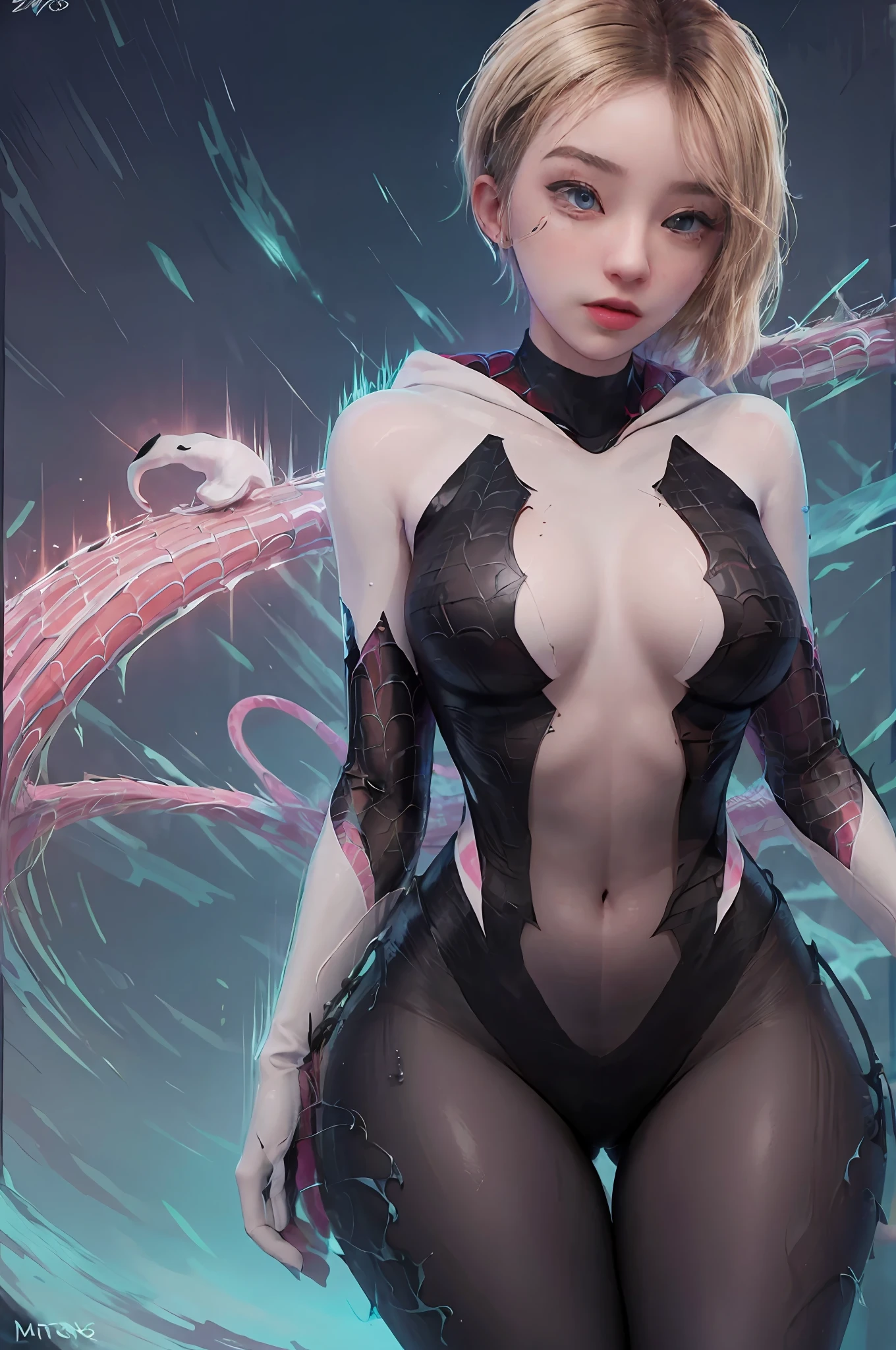 ((Ultra photorealistic raytracing)) (realistic lighting) Ghost Spider, Gwen in a black outfit with spider in the center of her blank chest, big chest, big thighs, thigh side this shows her in a sexy way, organic looking outfit, gooey forehead, white eyes, stylish pose, masterpiece, PS5 cinematic screenshot, highly detailed cinematic rendering, with cinematic lighting