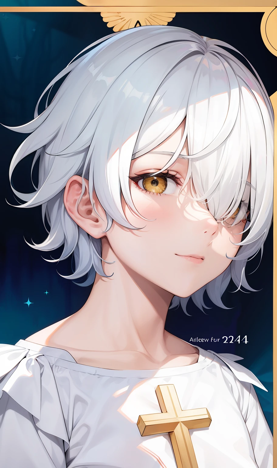 white color hair，hair over eye