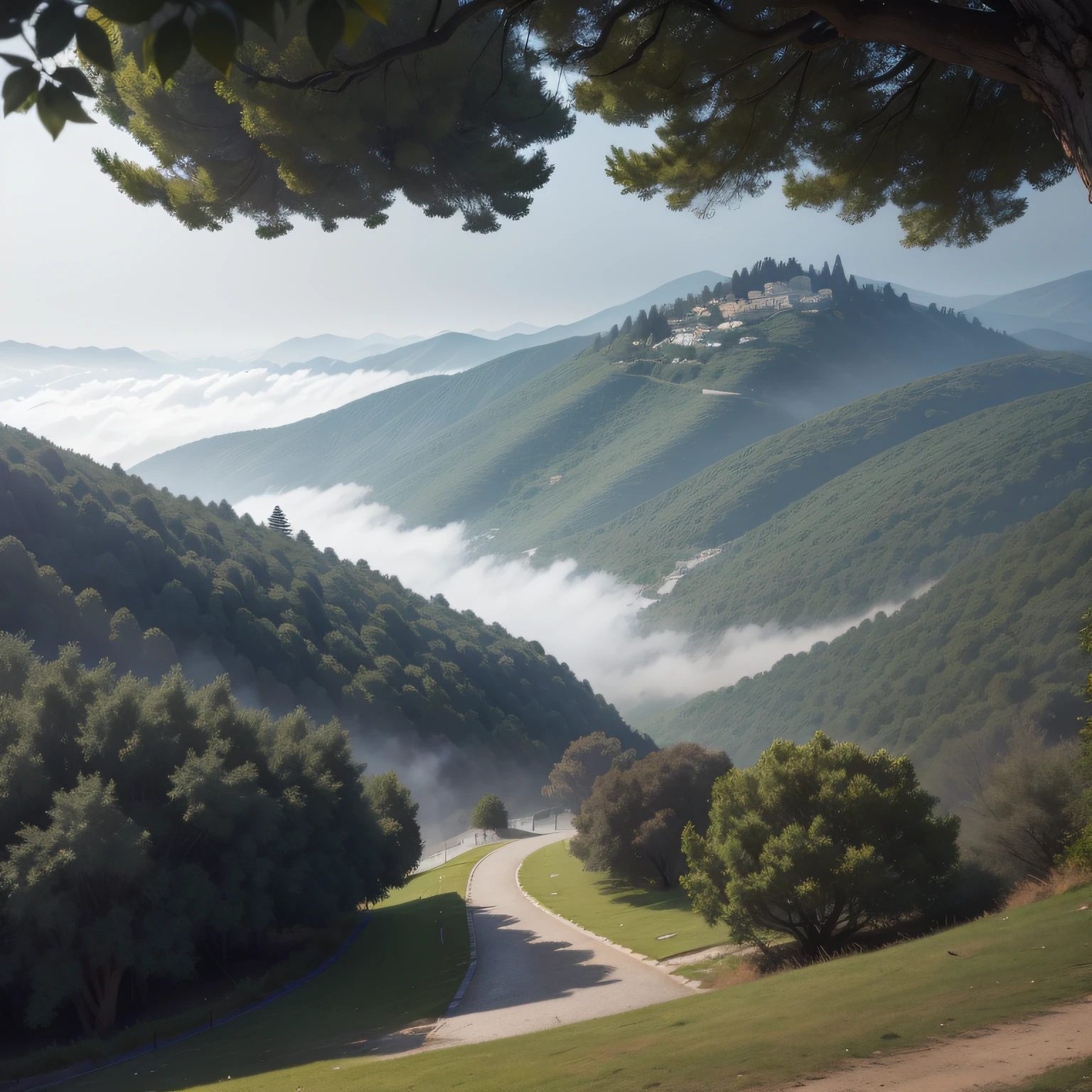 Close-up view of plane trees,ultra-wide-angle,View from the top of the mountain,Foggy rain,villages,lavoura,in a serene landscape,Foggy weather,In the midst of vast tranquil landscapes,In the early morning, --v 6