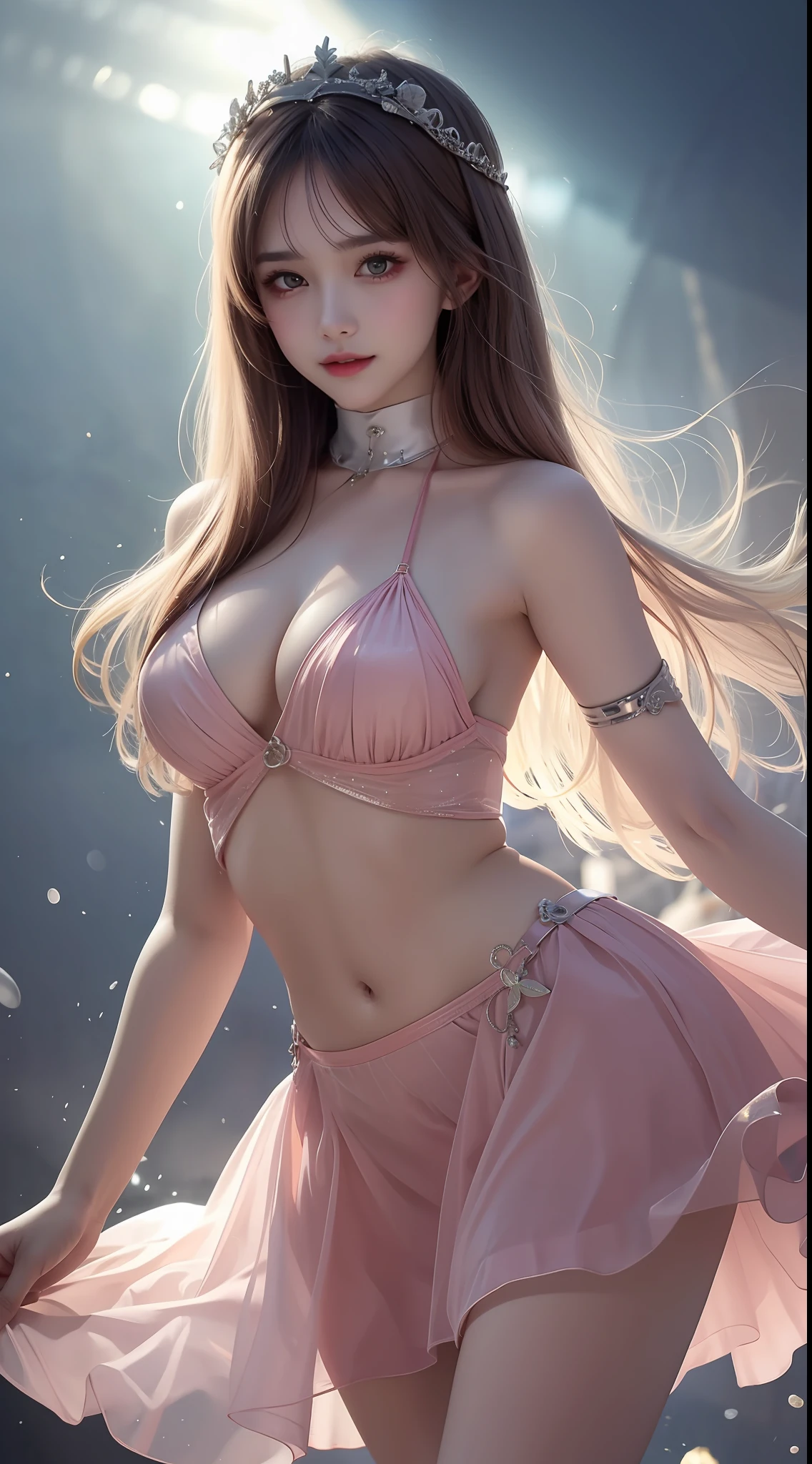 8K uhd, materpiece, a beautiful girl, detaild eye, good face, good skin, beautiful dress, pink skirt, half skirt, fantacy, shining, high light, mind blowing, whole body capture,