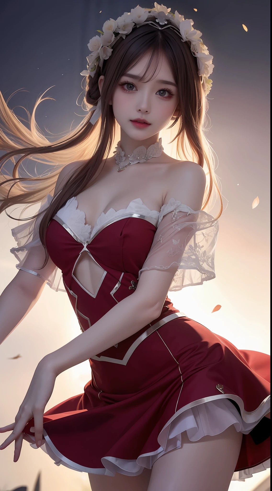 8K uhd, materpiece, a beautiful girl, detaild eye, good face, good skin, beautiful dress, red skirt, half skirt, fantacy, shining skirt, blur effect, high light, mind blowing, whole body capture,