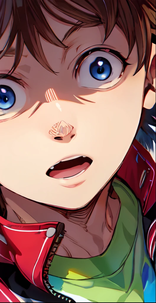 a anime of a boys manga, brown hair color, jacket, close up, shocked, open mouth, color manga, manga color, color manga, color manga panel