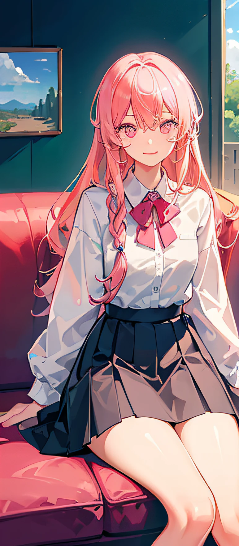 （tmasterpiece，best qualtiy：1.2），（looking at viewert），Happy face，dual horsetail，Superskirt，Pink theme，cowboy lens，sitting in the couch，inside in room，rays of sunshine，with pink hair，a pink eyes，