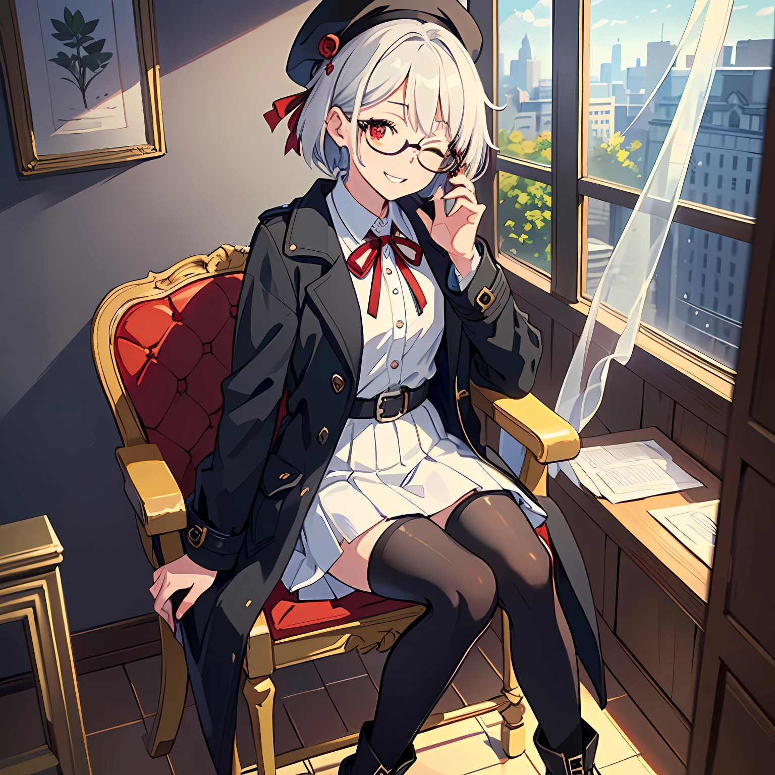 (Masterpiece: 1.2, highest quality), (Beautiful eyes of detail: 1.2), (Highly detailed CG Unity 8k wallpaper, masterpiece, highest quality, super detail, best shadow), (Detailed background), (Beautiful detailed face, beautiful detailed eyes), high contrast, (best lighting, very delicate and beautiful), 1girl, (transparent background)), dynamic angle, beautiful detailed shine, full body, one girl, gray hair, Short hair, red eyes, long black coat, white clothes, white skirt, double teeth, small, red ribbon, black boots, black beret, white belt, black tights, round glasses, in the room, sitting on a chair, near the window, smile, one eye closed, black tights, black long coat