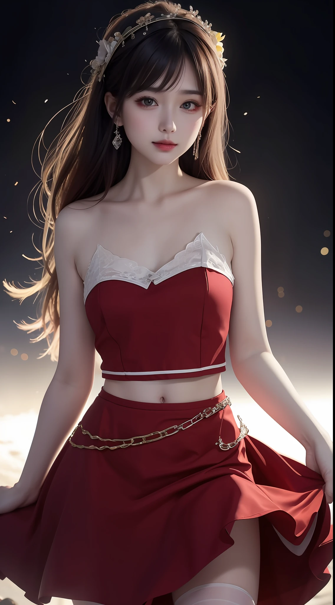 8K uhd, materpiece, a beautiful girl, detaild eye, good face, good skin, beautiful dress, red skirt, half skirt, fantacy, shining skirt, blur effect, high light, mind blowing, whole body capture,