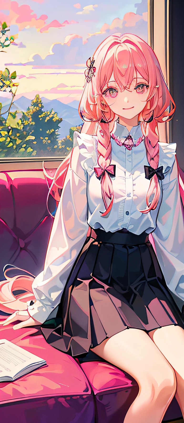 （tmasterpiece，best qualtiy：1.2），（looking at viewert），Happy face，dual horsetail，Superskirt，Pink theme，cowboy lens，sitting in the couch，inside in room，rays of sunshine，with pink hair，a pink eyes，