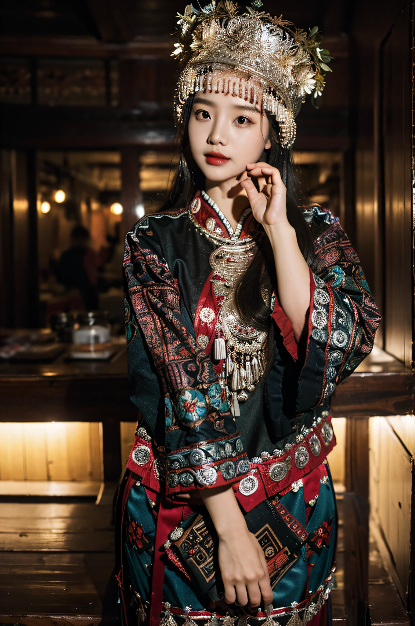 Hyperrealistic,）4K,35mm，hyper-high detail, Professional lighting, Best quality, 超高分辨率, Visually stunning, (1girll:1.1), （Hmong clothing ）,realskin,（Perfect body 1.3）Ultra-delicate face。