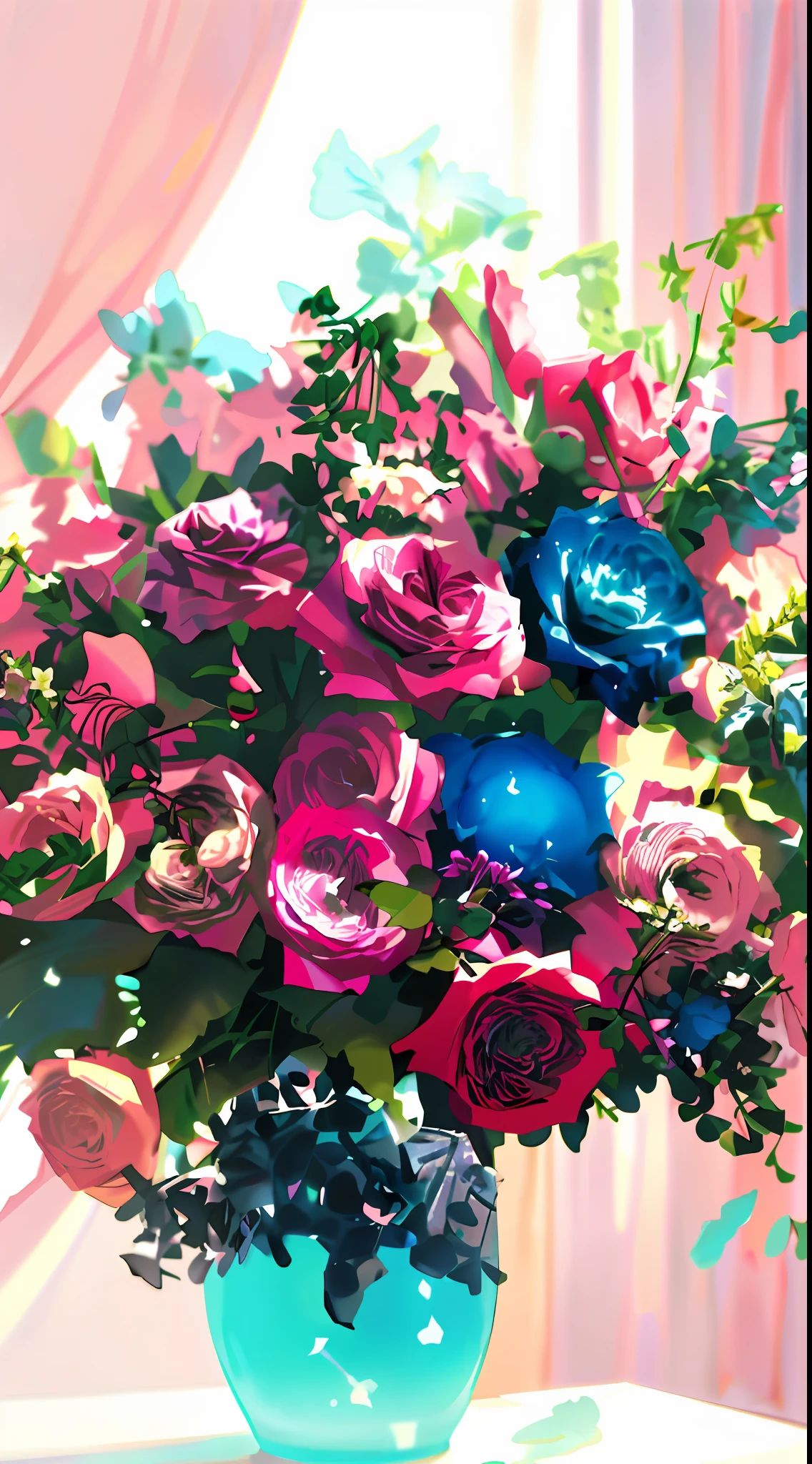 There was a vase of flowers on the table in the room, roses and lush fern flowers, with soft pink colors, Bouquet, Beautiful image, Beautiful flowers, soft flowers, i dream of a vase flowers, summer morning light, shades of pink and blue, Rozen Maiden, Soft blue and pink, sunny morning light, pastel roses, beutifull, big breasts beautiful