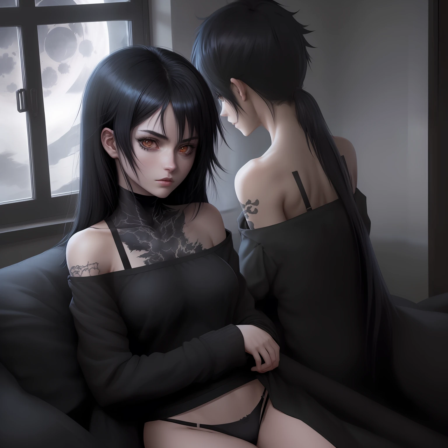 the night, the anime, Girl with black hair, Dragon tattoo on the shoulder, beste-Qualit, 4k, black underwear, stocklings, straight hair, fluffy sofa, Moonlight in the window