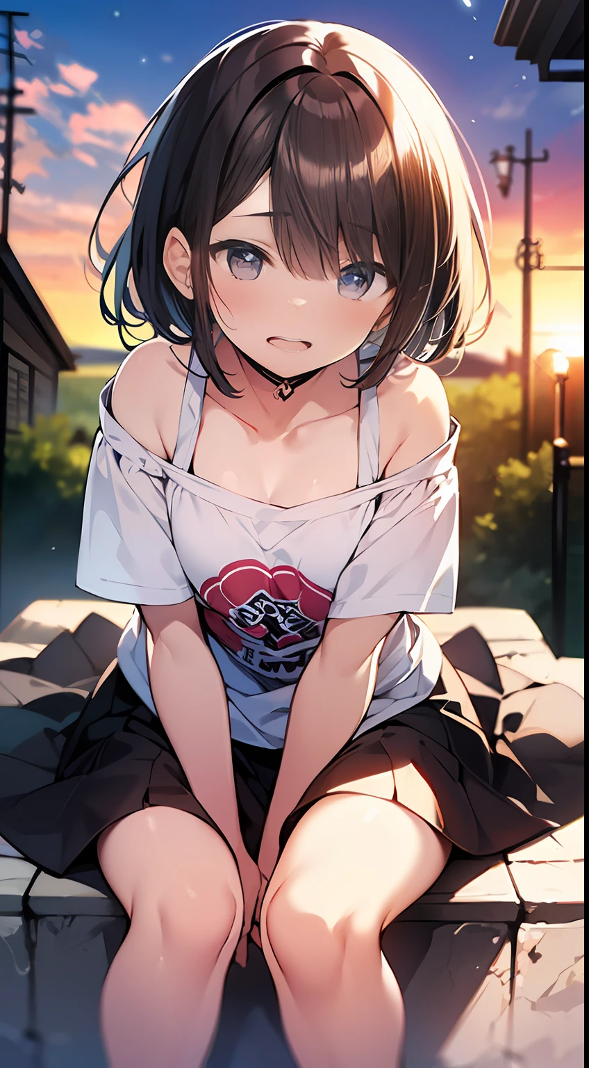 (top-quality、32K image quality、​masterpiece、nffsw:1.2)、a cute loli、Medium short hair、short braiding、beauitful face、(Slouched:1.3)、at the sunset、crouching down、(From  above:1.3)、(a closeup:1.4)、small curvy loli、((You can see the chest))、Bust Up Perspective、Loose baggy big T-shirt、(beautiful nipple slips:0.9)、outside of house、the wind、shinny skin、blurry backround