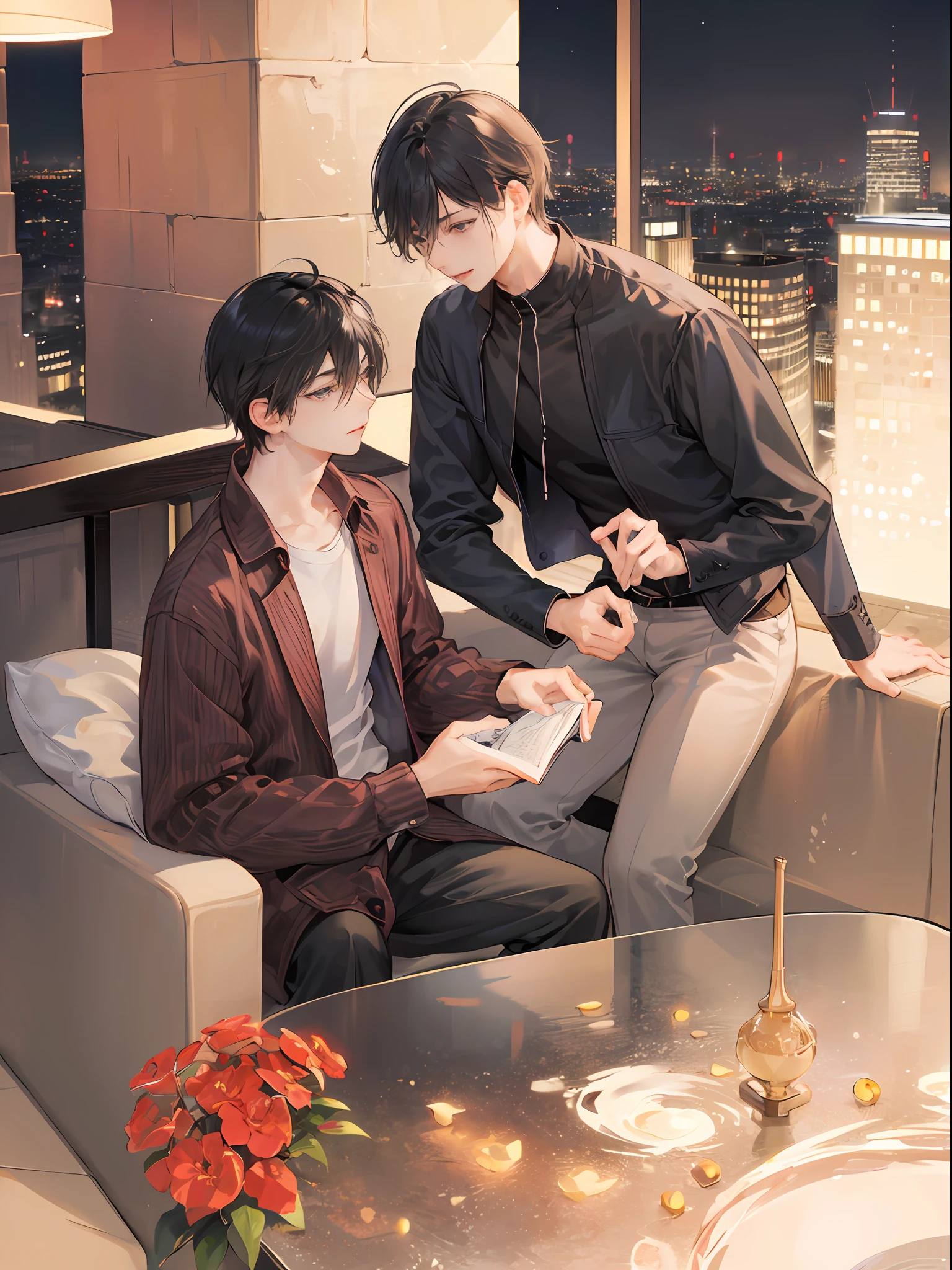 2male、masterpiece、top-quality、超A high resolution、evening、A city scape、depth of fields、short black messy hair、Two men