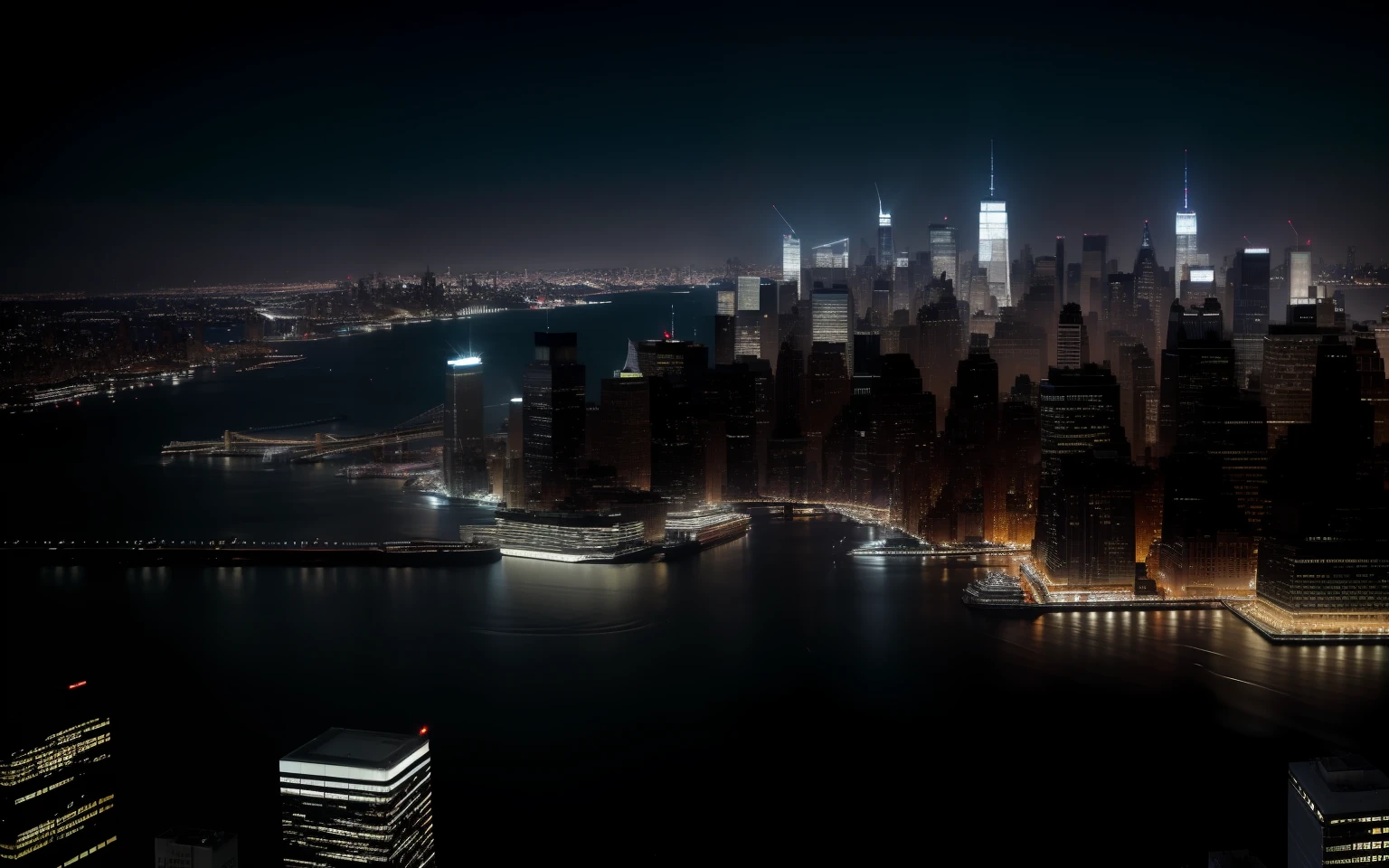 Night photos of a city，There is a river in front, New York City at night, the city that never sleeps, new york city skyline, manhattan, new york skyline, new york city as backdrop, new york city, City at night, New York, new - york skyline in winter, City Night, Beautifully lit building, New York Harbor, Beautiful cityscape