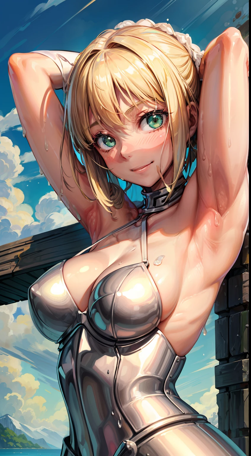 Chewing sausages、With sausages、Surrounded by sausages、Naked blonde green eyes woman wearing armor and rubbing chest、Real thing with arms folded behind head、A smile、be shy、Armpits are wet with white liquid、Yogurt in the armpit、Wearing armor、The upper part of the body、Beautiful woman、Yogurt is poured into the armpits and gets dirty