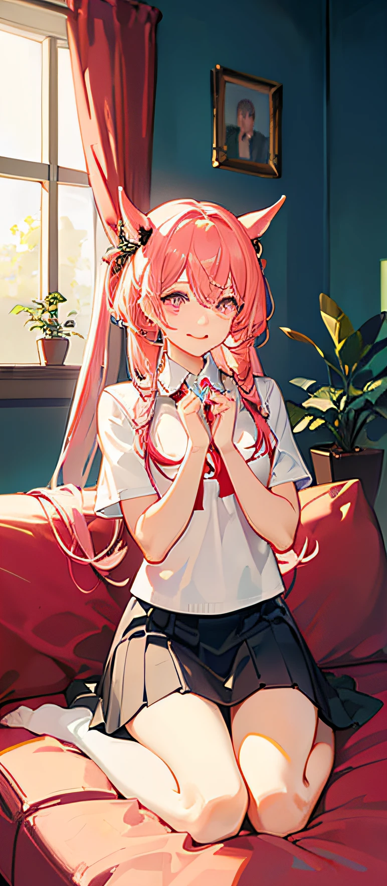 (tmasterpiece,best qualtiy:1.2),(looking at viewert),Happy face,dual horsetail,Superskirt,Pink theme,cowboy lens,sitting in the couch,inside in room,rays of sunshine,with pink hair,a pink eyes,Kneeling pose