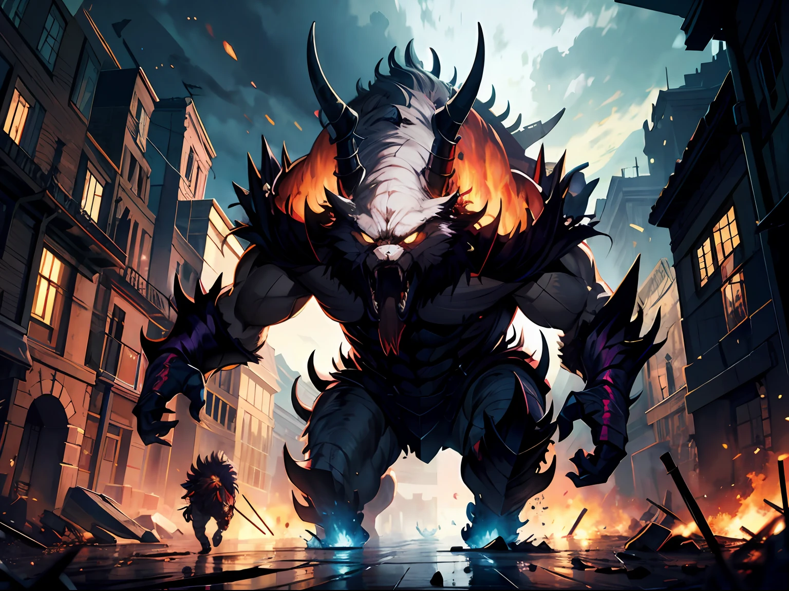 HD clear, Optimal image, Super detailed illustration, The scene of the battlefield rout, behemoth, the night,The head is,