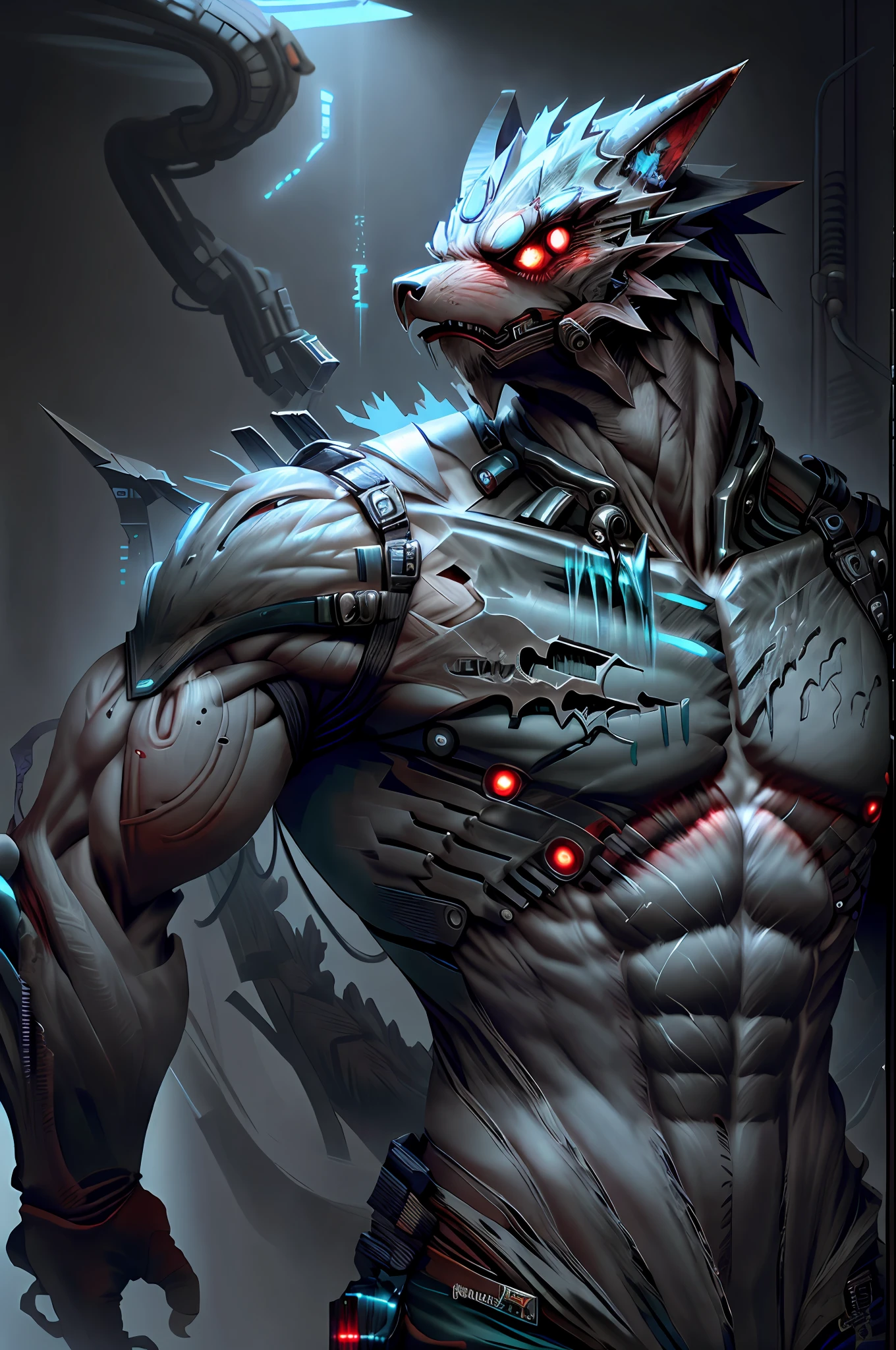 Biopunk artificial intelligence dragonman,Wolf Head,A pair of dragon wings,grey shorts,,black t-shirts,Strong,Chemical and biological weapons,drools,Sharp claws,Creeping,Hold your head,drools,Be red in the face,In the bedroom