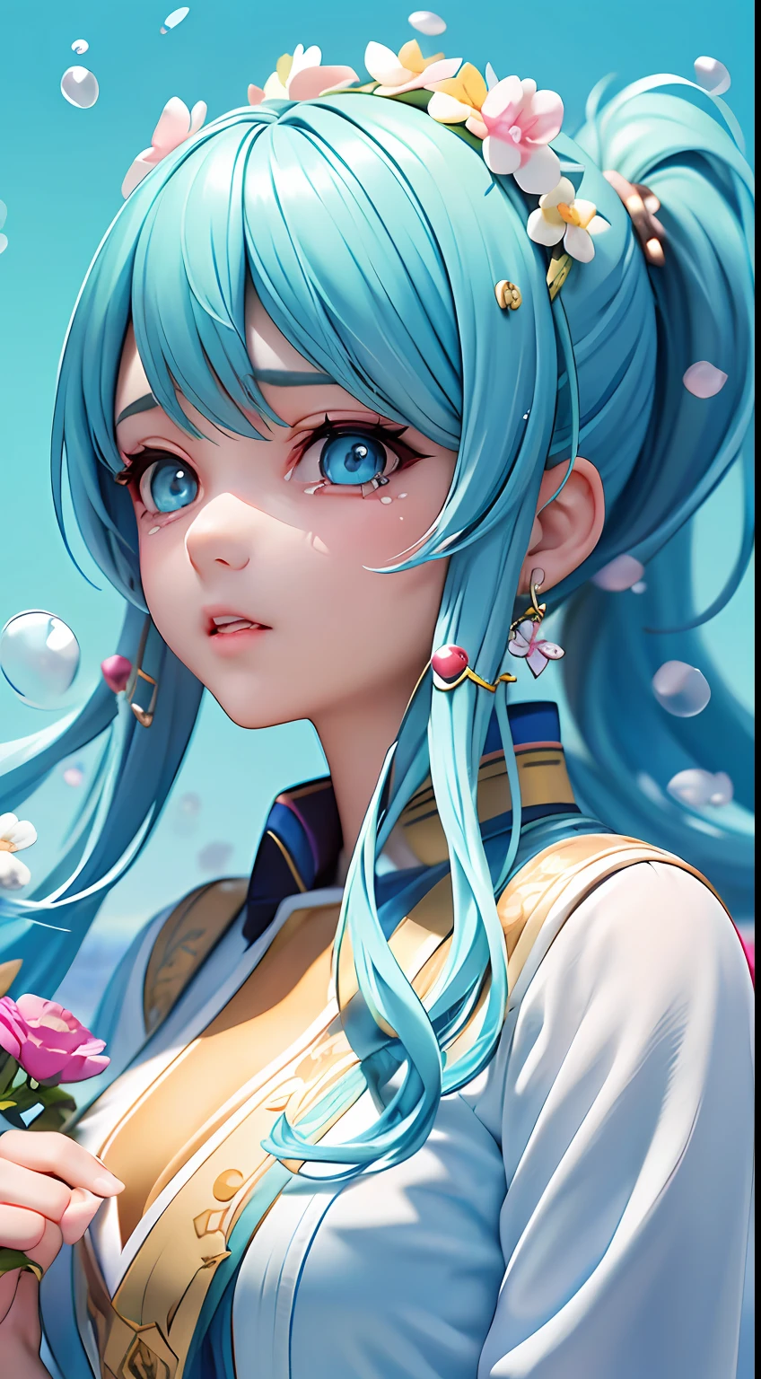 (a masterpiece、), (Bestquality), (Ultra detailed),(Disheveled hair),(illustration、、), (1 girl), (Fashionable clothing), standing, Fashion model, View Viewer, (interview), (simple background),Beautiful Detailed Eyes, delicate beautiful face, Floating,(High Saturation),(colorful splashes),colorful bubble,(Shiny,), focus on face, ponytail, kamisato ayaka, light blue hair, bangs, hair ring, floating flowers, floating hairs, (Shiny,), Best Illumination, best shadows,tears