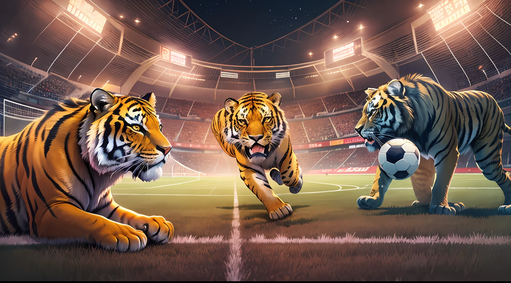 tiger and lion animals soccer, soccer field background, night game, illumination, dynamic angle, extremely detailed, ultra fine illustration, chill step style, no human body,