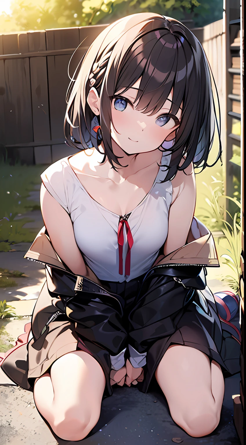 (top-quality、32K image quality、​masterpiece、nffsw:1.2)、a cute loli、Medium short hair、short braiding、beauitful face、(Slouched:1.3)、at the sunset、crouching down、(From  above:1.3)、(a closeup:1.4)、small curvy loli、((You can see the chest))、Bust Up Perspective、Loose baggy big shirt、(beautiful nipple slips:0.9)、outside of house、the wind、shinny skin、blurry backround