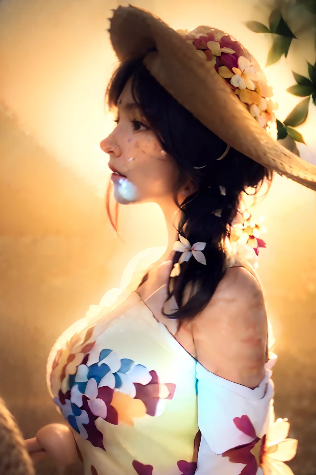 (extreme close up:1.5), (face focus:2),(Style of ???? ???:1.5),
((side face:2)),(1girl surrounded by soft_light:1.5), (backlighting:1.8), (lighting),(flowing fabric:1.3), ((Floral_summer_dress:1.5),(Straw_hat:1.3)),
(masterpiece), realistic, HDR, highly detailed, 8k, raw photo,
ambient occlusion, natural, harmonious composition, warm tones, fine art photography,