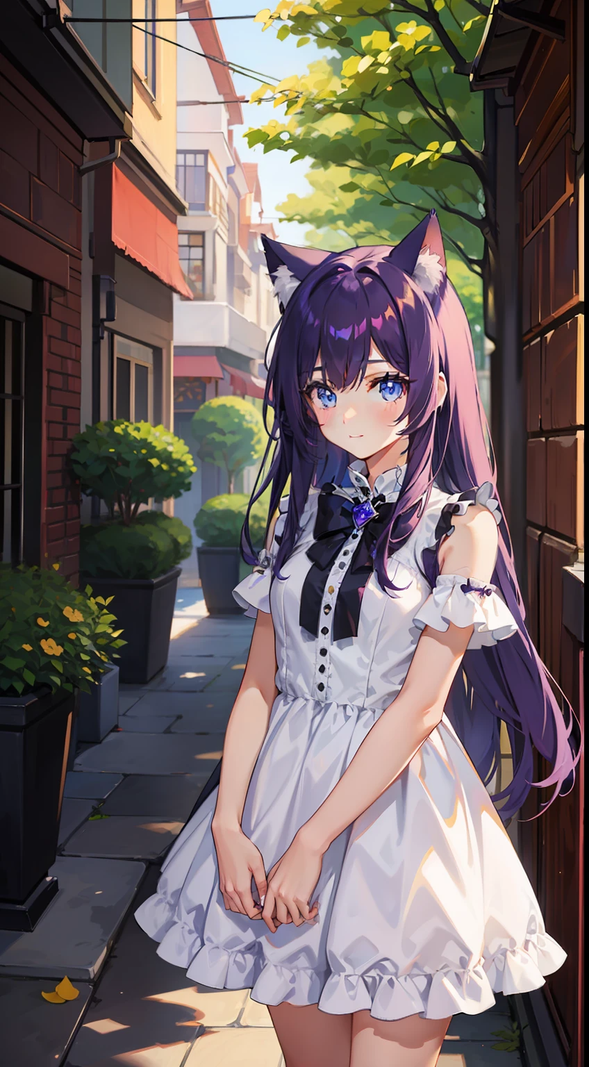 young girl, long purple hair, cat ears, cat tail, blue eyes, white luxury dress, Masterpiece, hiquality