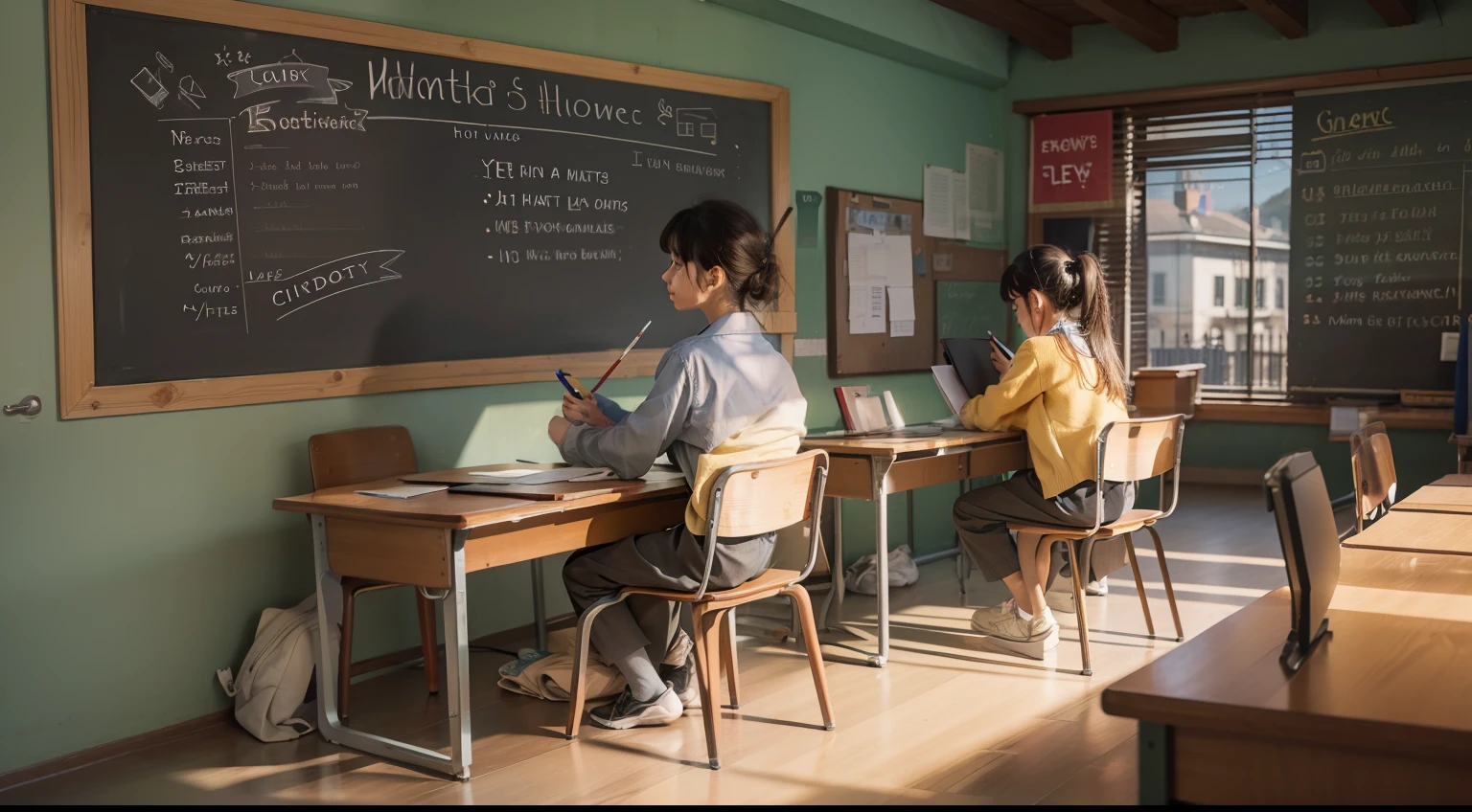 pupils,schoolboy,Class,give a lecture,Write homework,Masterpiece, Best quality, High quality,Extremely detailed Cg Unity 8K wallpaper, Best quality, Ultra-detailed, high resolution,inside in room,In the classroom,blackboards,janelas,pupils,Do homework,write,give a lecture,