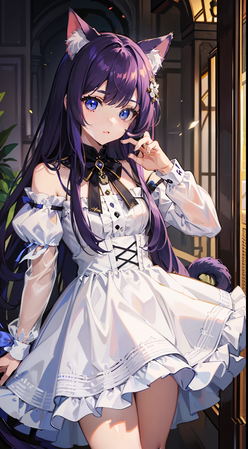 young girl, long purple hair, cat ears, cat tail, blue eyes, white luxury dress, Masterpiece, hiquality