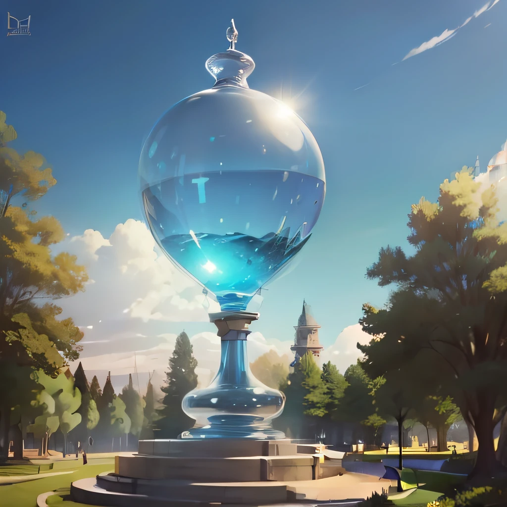 There is a large hourglass in the park. There are no people in the scene. letho. Sunny day. anime drawing. tmasterpiece. higly detailed.