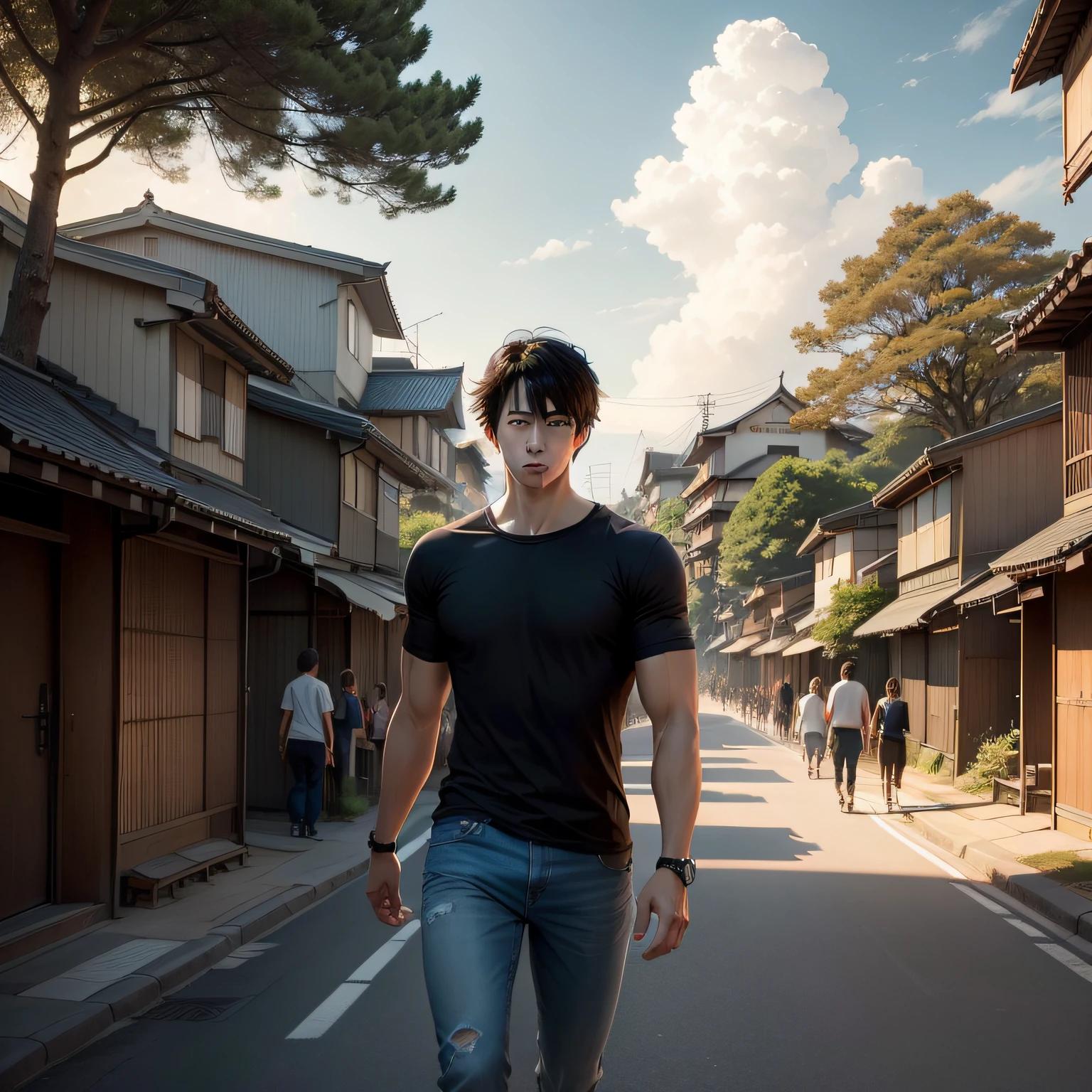 (Japanese cityscape with people walking, and strong young man, wearing jeans, T-shirt, black shirt, dark hair, in crowd, with family), (Hayao Miyazaki Style), cartoon, initiates Japanese house, road , curve, small house, tree, pole, white cloud, calm landscape, outdoors, green trees, epic composition, realistic illustration, high definition detail, masterpiece, best quality, (very detailed unified CG wallpaper 8k), with young man walking down the street --v6